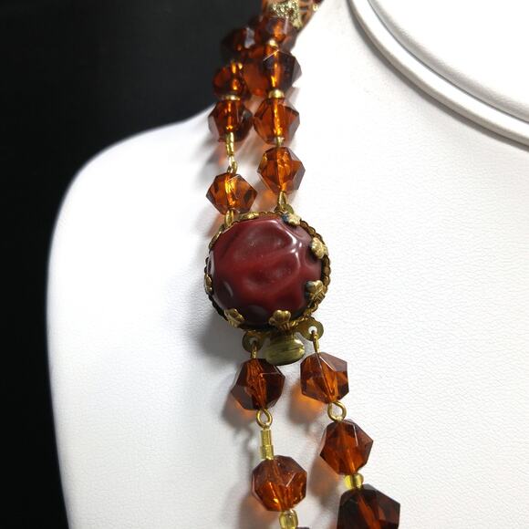 Western Germany Art Bead Floral Necklace, Two Strands, Button Box Clasp, 1950s - Picture 3 of 10